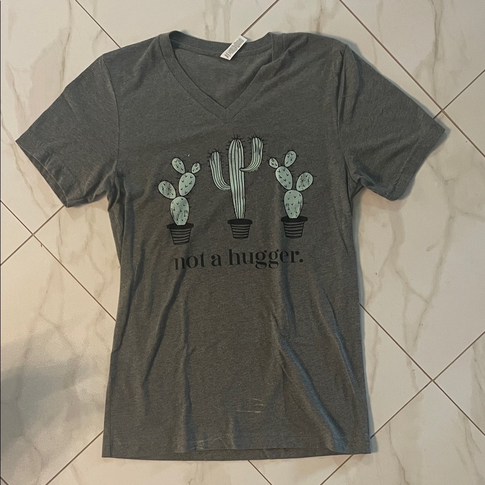 Gray V-Neck T-Shirt with Cactus Print
